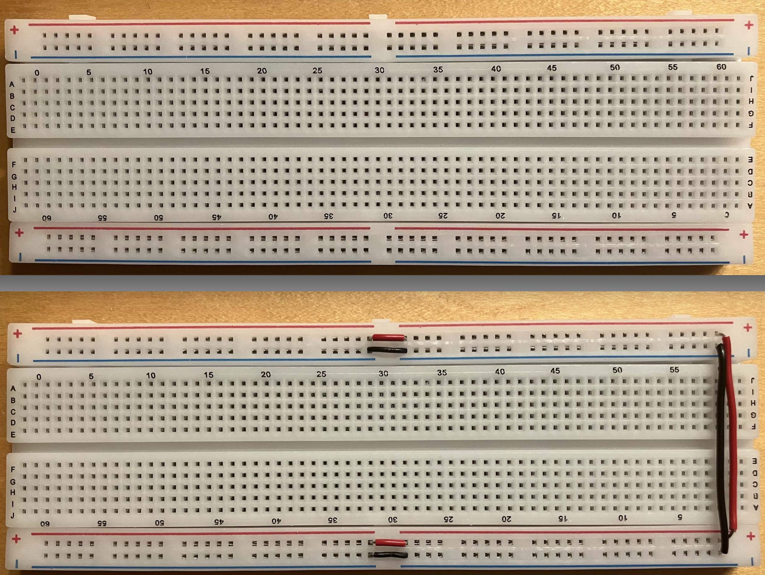 Breadboard with tied rails