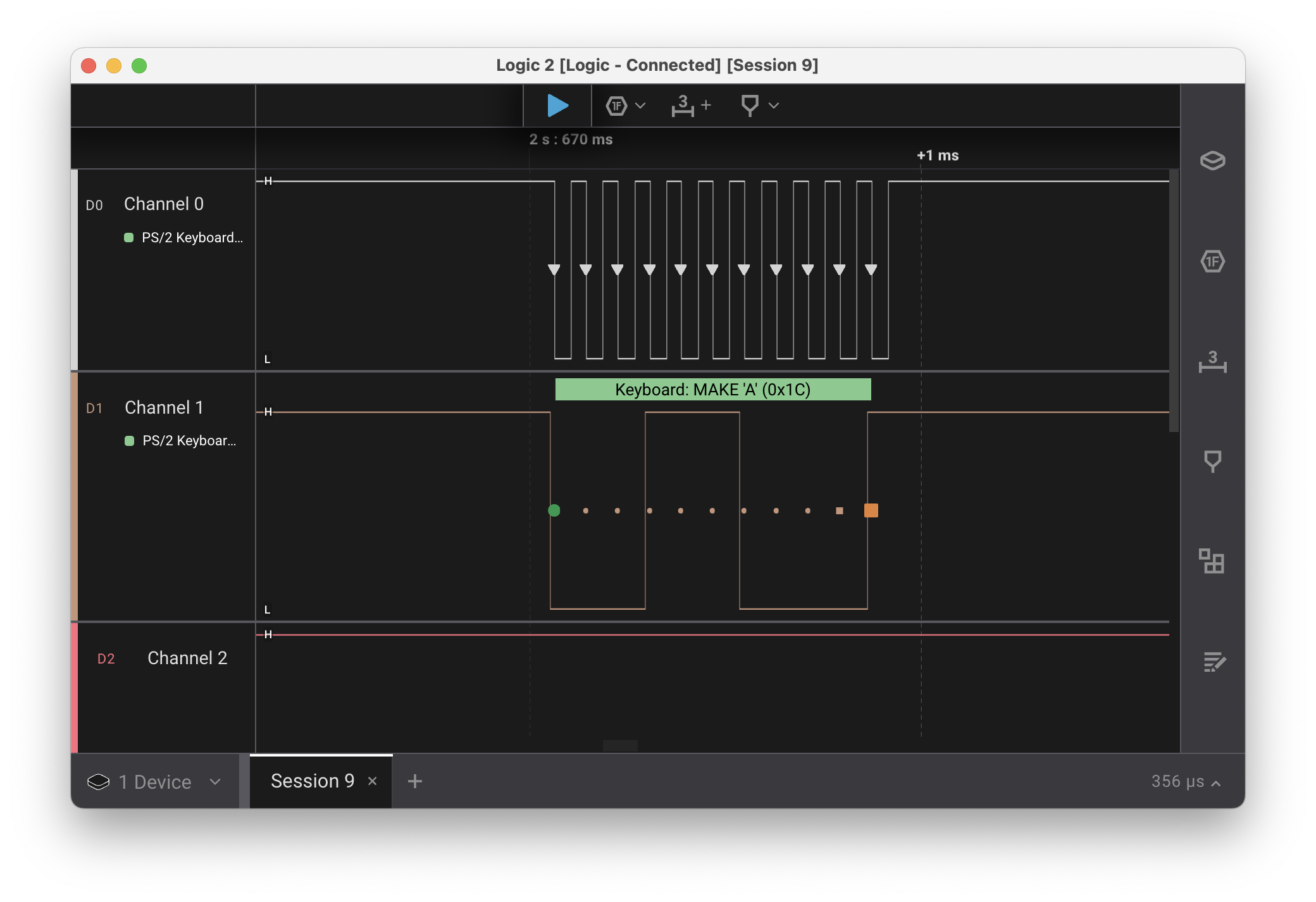 Logic 2 PS/2 signal Analyzed